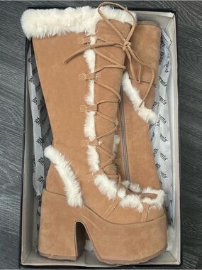 Demonia Tan Faux-Fur Platform Knee-High Lace-Up Boots
